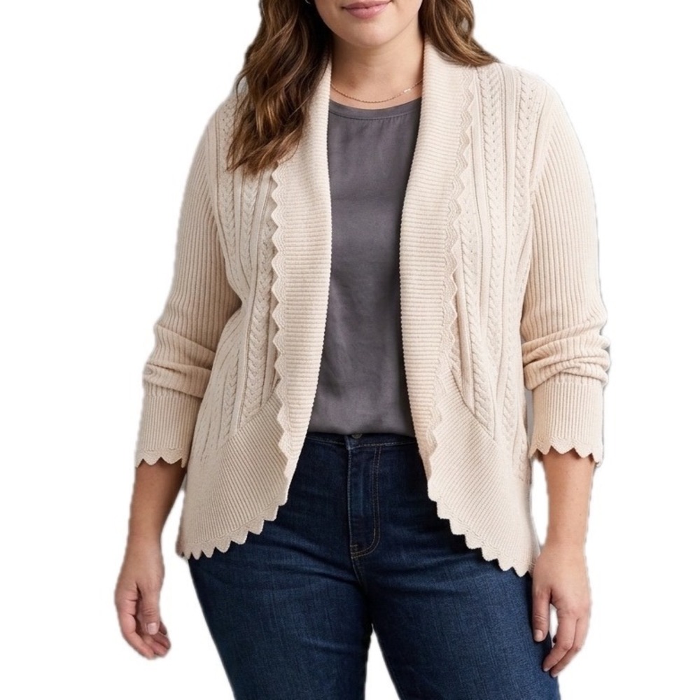 Jeanne Pierre Cream Cotton Cable Knit Scalloped Open Front Cardigan XL
